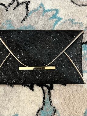 Black Glitter Envelope Clutch with Gold Accent